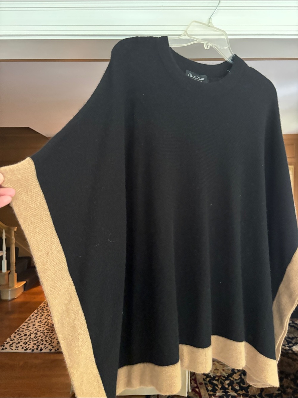 Black Poncho with Camel Contrast Trim by Chelsea & Theodore